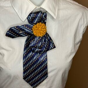 Navy Blue Striped Tie with Yellow Flower Accent